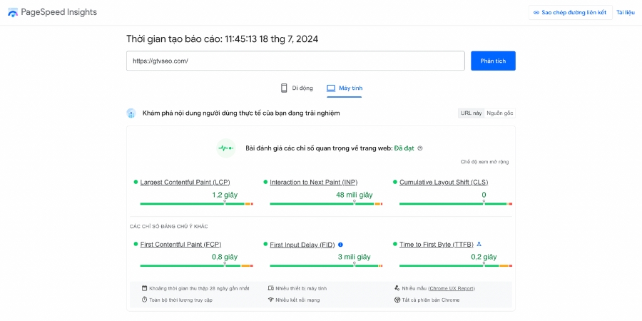 Giao diện Google PageSpeed Insights