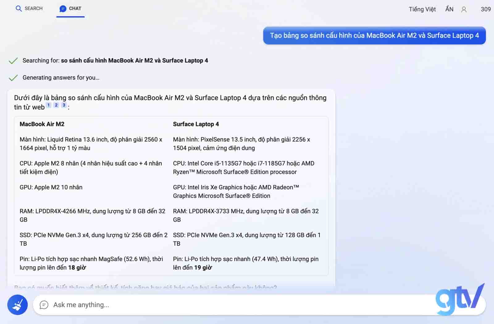 Khả năng lập bảng so sánh của Bing AI