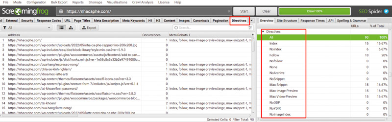 Check Directives trong Screaming Frog
