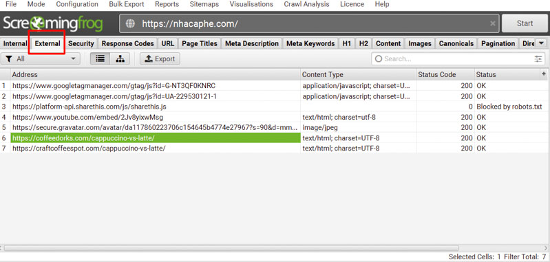 External link trong Screaming Frog