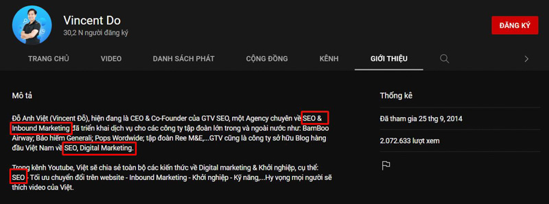 Mô tả kênh YouTube