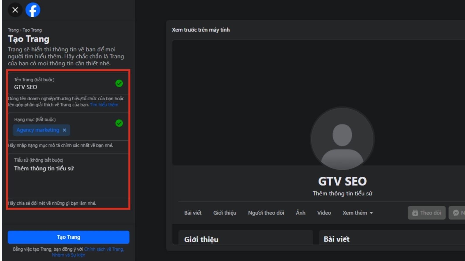 Điền các thông tin cơ bản để tạo Trang