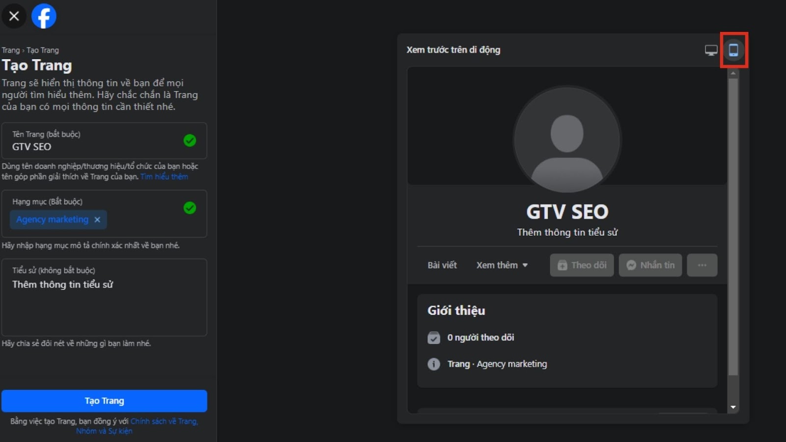Giao diện có thể xem trước trên thiết bị di động