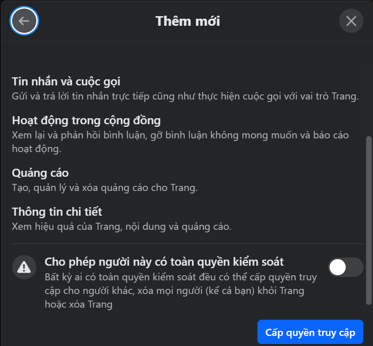 Bảng “Chỉ định vai trò mới trên trang”