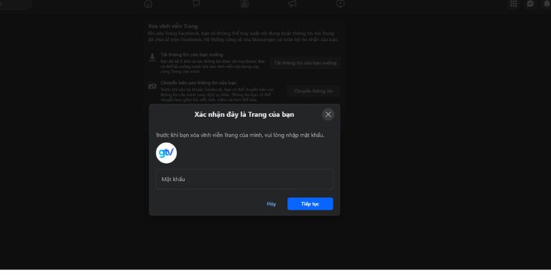 Nhập mật khẩu và tiến hành xoá trang