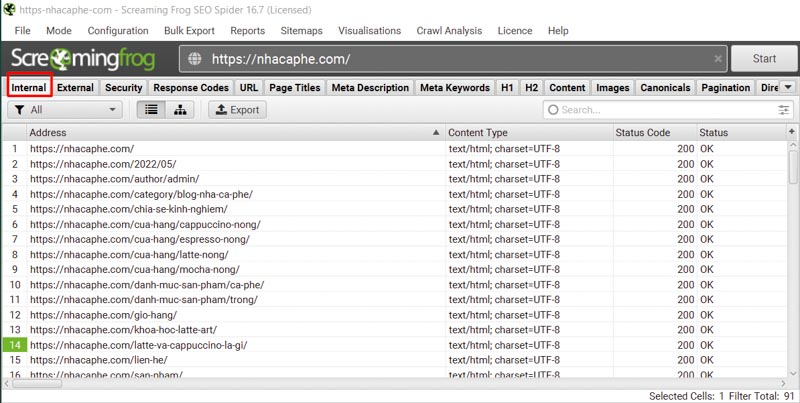 Check Internal link với Screaming Frog