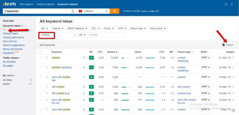 Xuất file ra và lọc các từ khóa phù hợp để tạo Topic Cluster