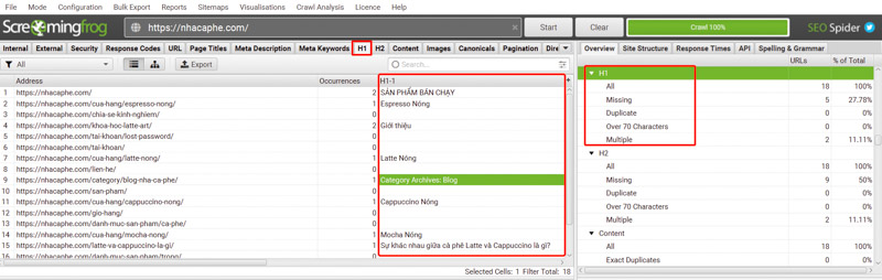 Lỗi heading 1 trong Screaming Frog
