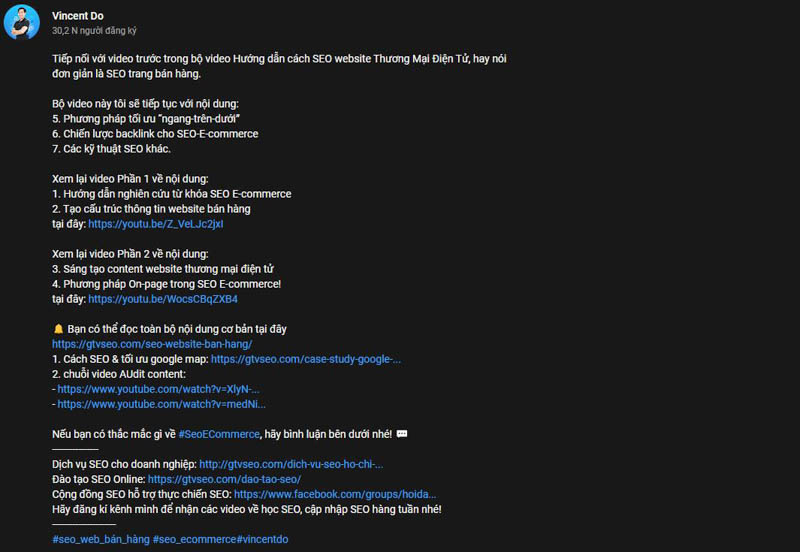 Mô tả YouTube Vincent Đỗ