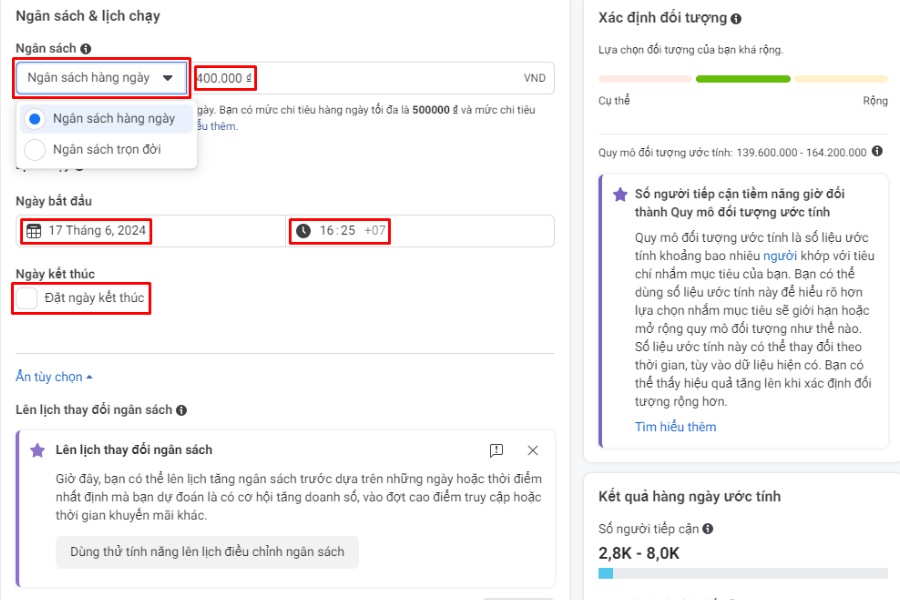 thêm các thông tin về ngân sách, thời gian chạy