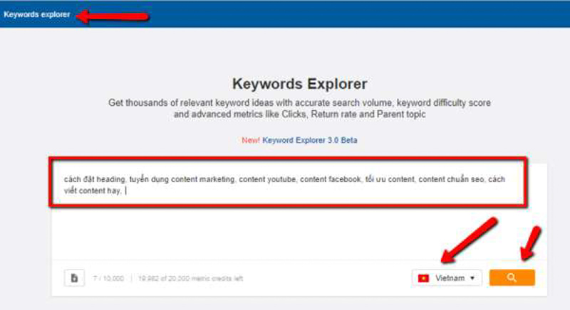 Tim kiếm các từ khóa từ các subtopic bạn vừa viết ra