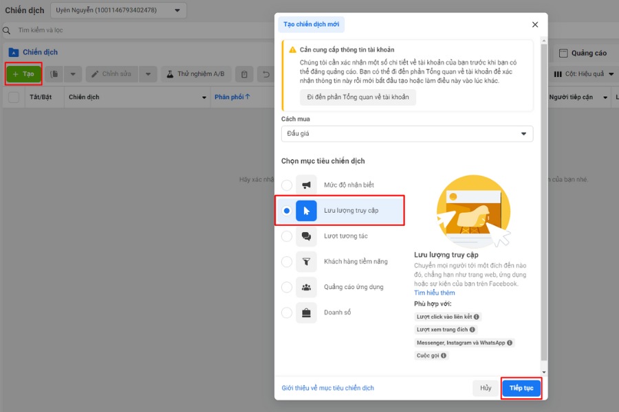 nhấn tạo và chọn mục tiêu