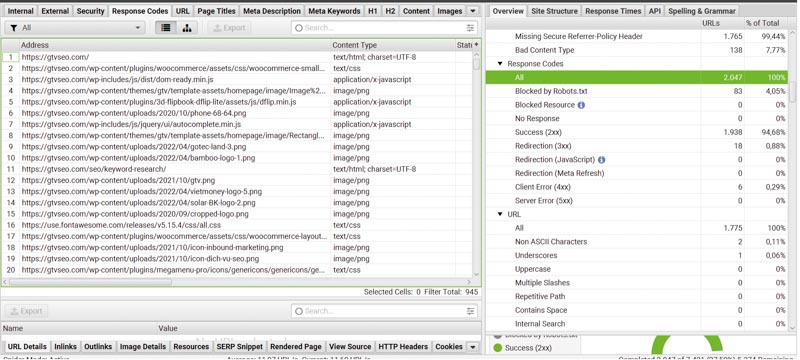 Response Codes URL Screaming Frog