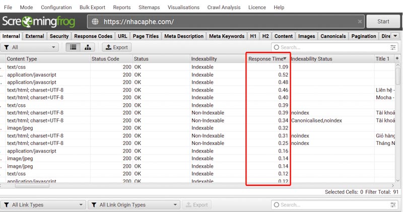 Response Time Screaming Frog