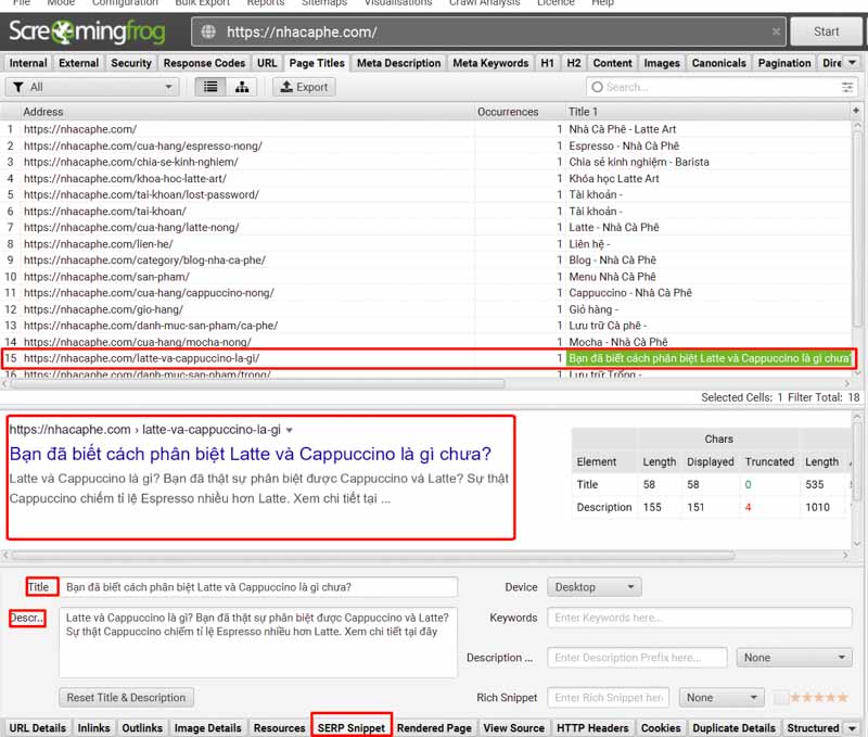 SERP Snippet Screaming Frog