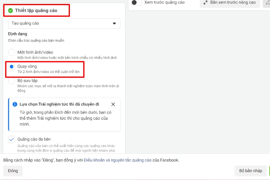 Trong phần thiết lập quảng cáo hãy chọn quay vòng