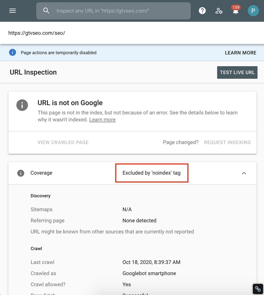 thong bao excluded by noindex tag