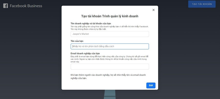 tạo tài khoản trình quản lý quảng cáo facebook