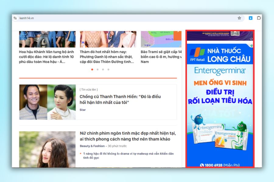 Quảng cáo GDN hiển thị trên trang chủ kênh14