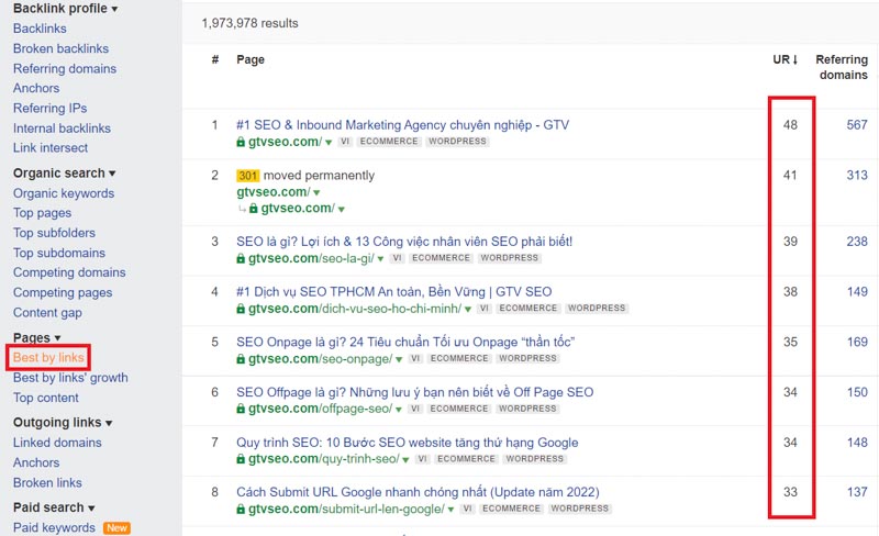 Dùng “Best By Link” trên Ahrefs để kiểm tra trang web nào của bạn nhiều uy tín và quan trọng nhất.