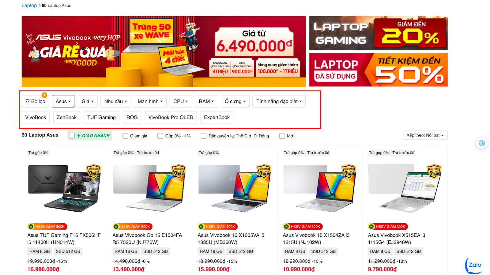 Bộ lọc của website Thế giới di động