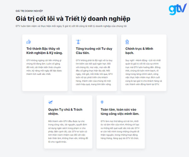 Section giá trị cốt lõi và triết lý doanh nghiệp