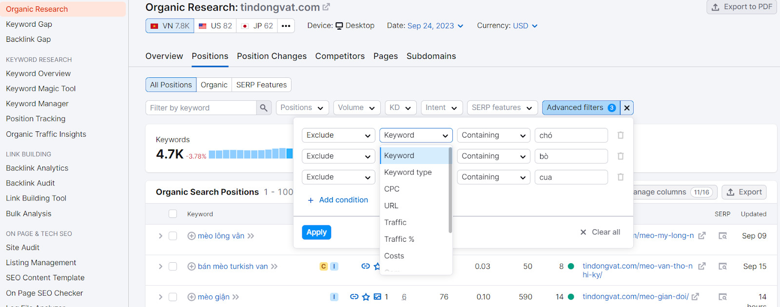 Lọc Keyword dựa trên tính năng của bộ lọc nâng cao