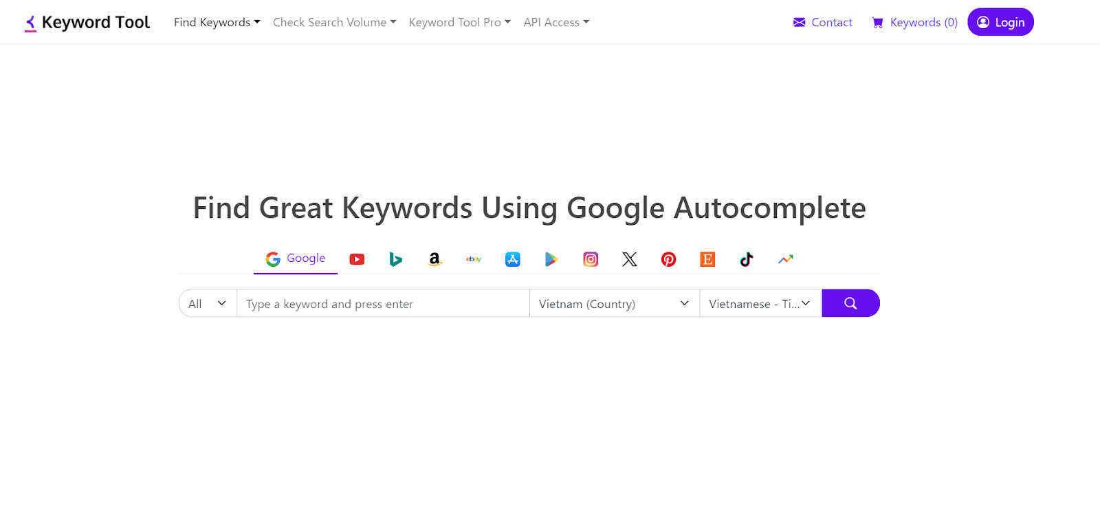 Công cụ nghiên cứu từ khóa Keywordtool.io
