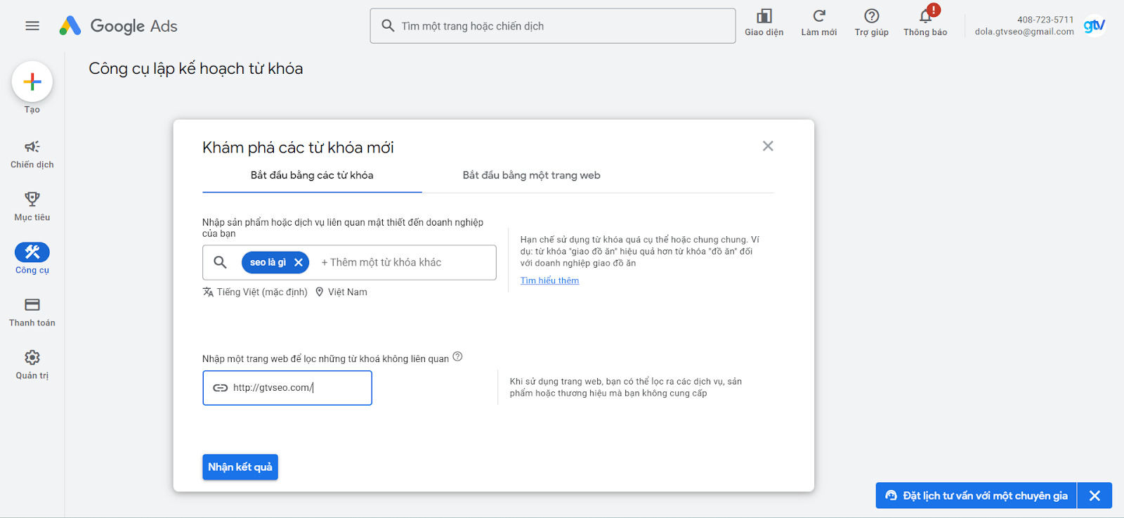 Công cụ lập kế hoạch từ khóa của Google