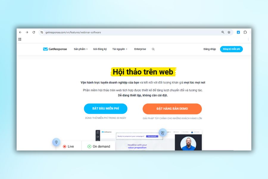 Giao diện tính năng Webinar của GetResponse