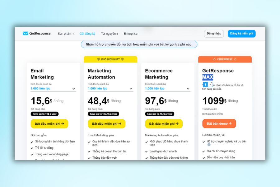 Mua gói Getresponse Max để sử dụng DKIM của Getresponse
