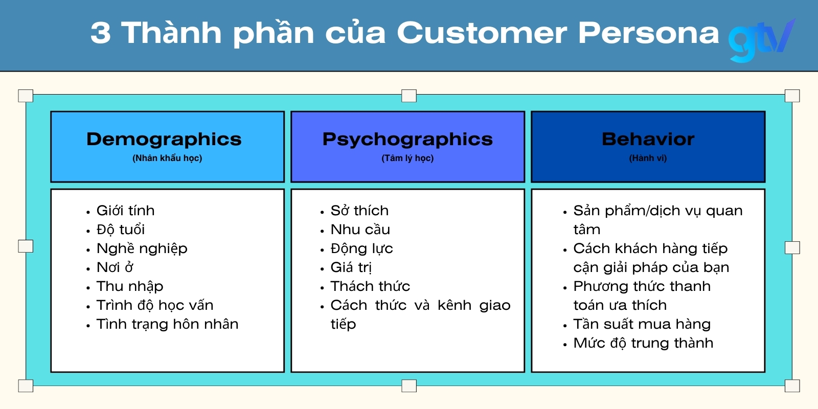 3 thành phần quan trọng trong Customer Persona là: Nhân khẩu học, tâm lý học và hành vi