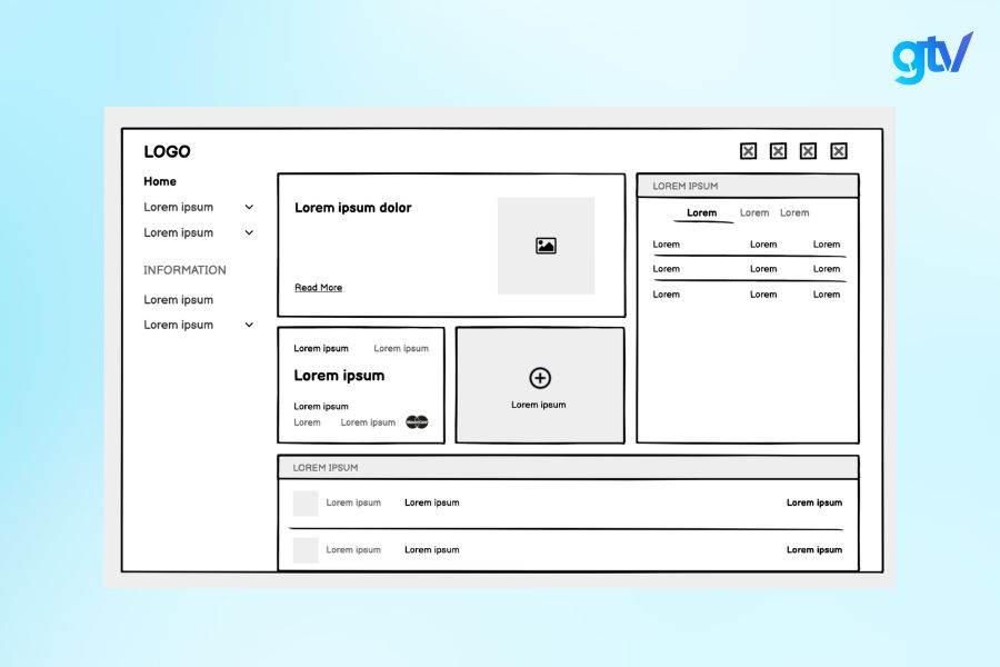 wireframe đơn giản, sạch sẽ cho trang chủ