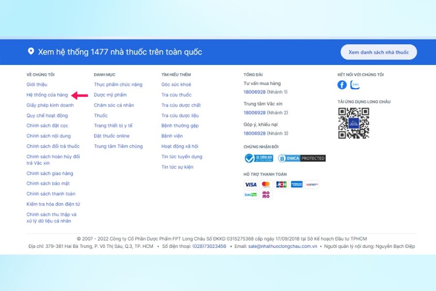 footer có phần hiển thị hệ thống cửa hàng